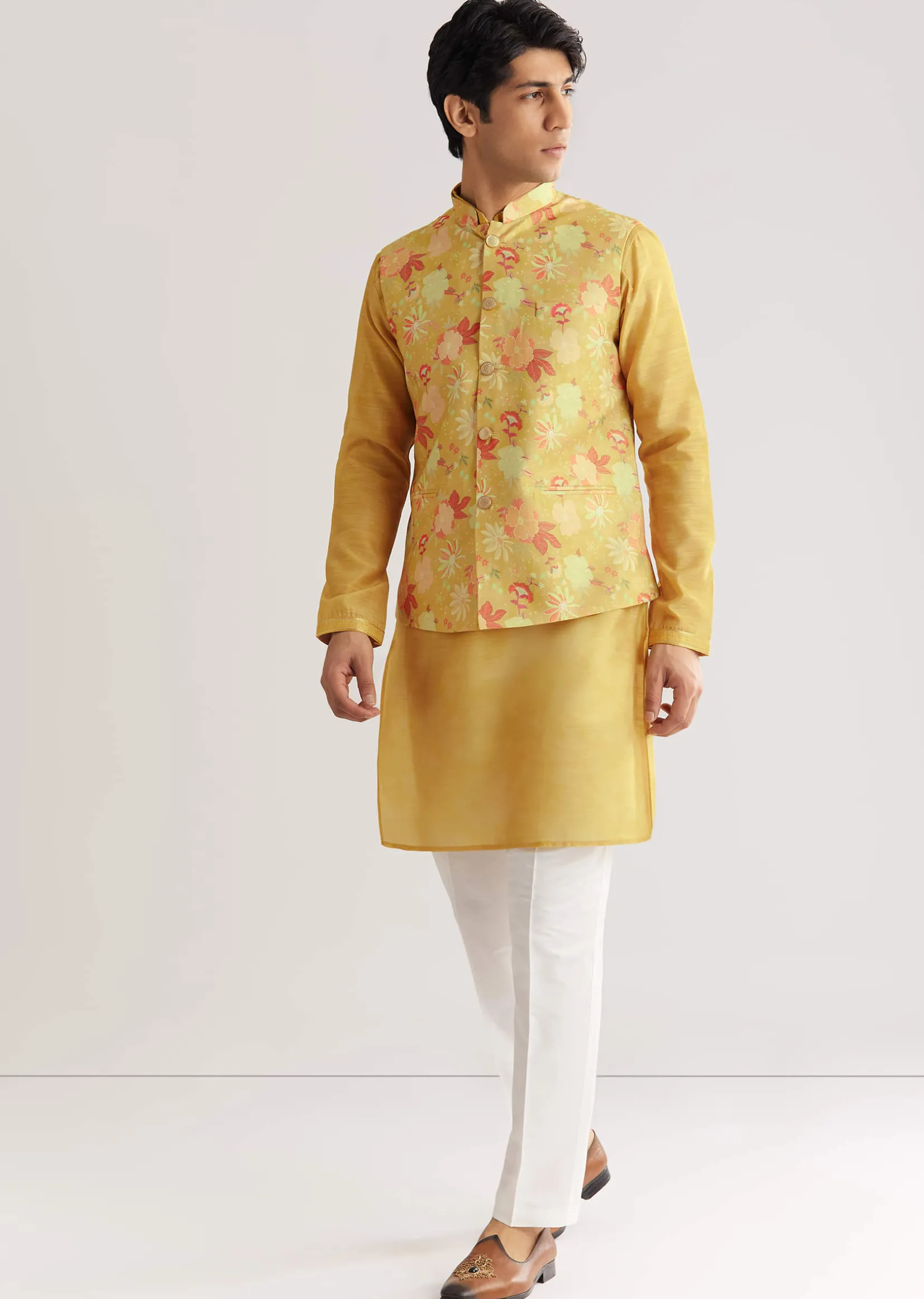 Yellow Floral Printed Jacket Kurta Set