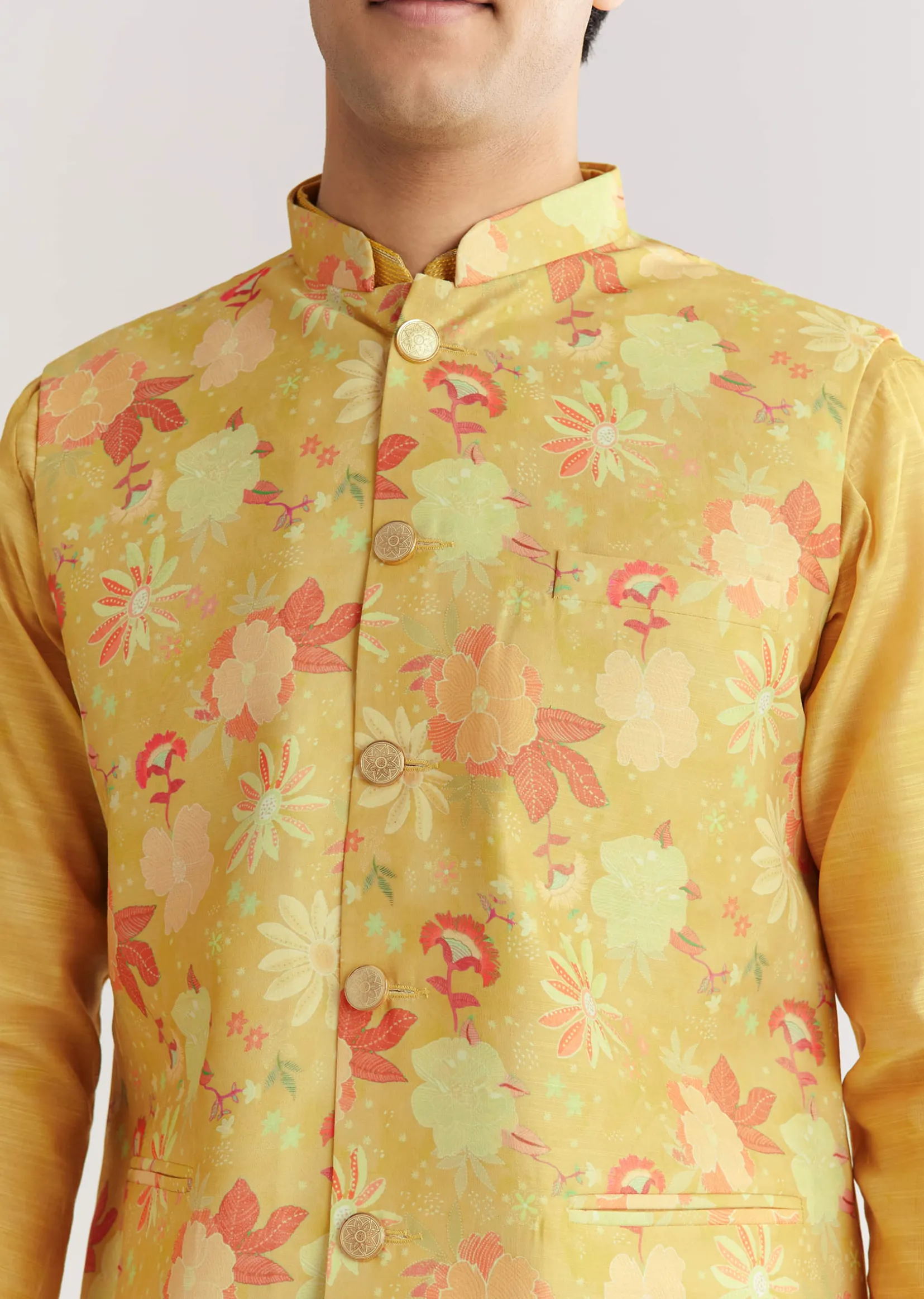 Yellow Floral Printed Jacket Kurta Set