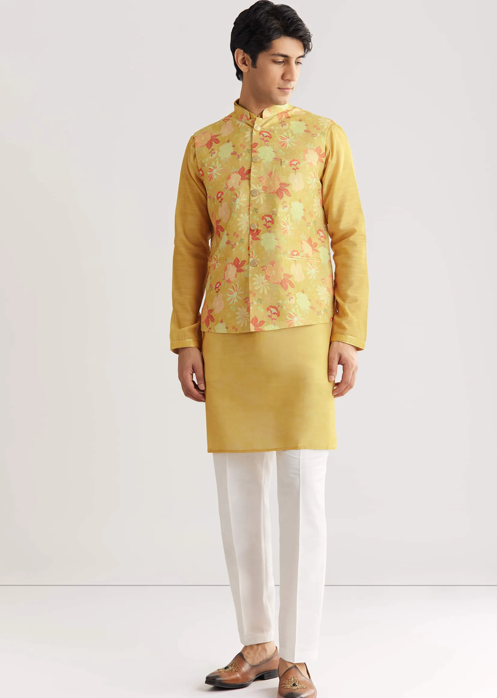 Yellow Floral Printed Jacket Kurta Set
