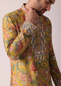 Yellow Floral Printed Silk Kurta Set For Men