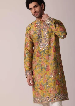 Yellow Floral Printed Silk Kurta Set For Men