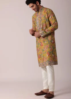 Yellow Floral Printed Silk Kurta Set For Men