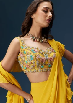 Yellow Frill Saree With Floral Embroidery