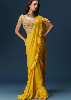Yellow Frill Saree With Floral Embroidery