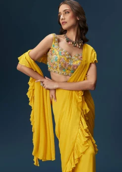 Yellow Frill Saree With Floral Embroidery