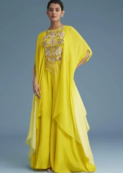 Yellow Georgette Crepe Palazzo Set With Ombre Sleeves