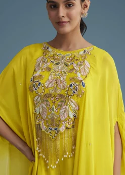 Yellow Georgette Crepe Palazzo Set With Ombre Sleeves