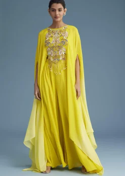 Yellow Georgette Crepe Palazzo Set With Ombre Sleeves
