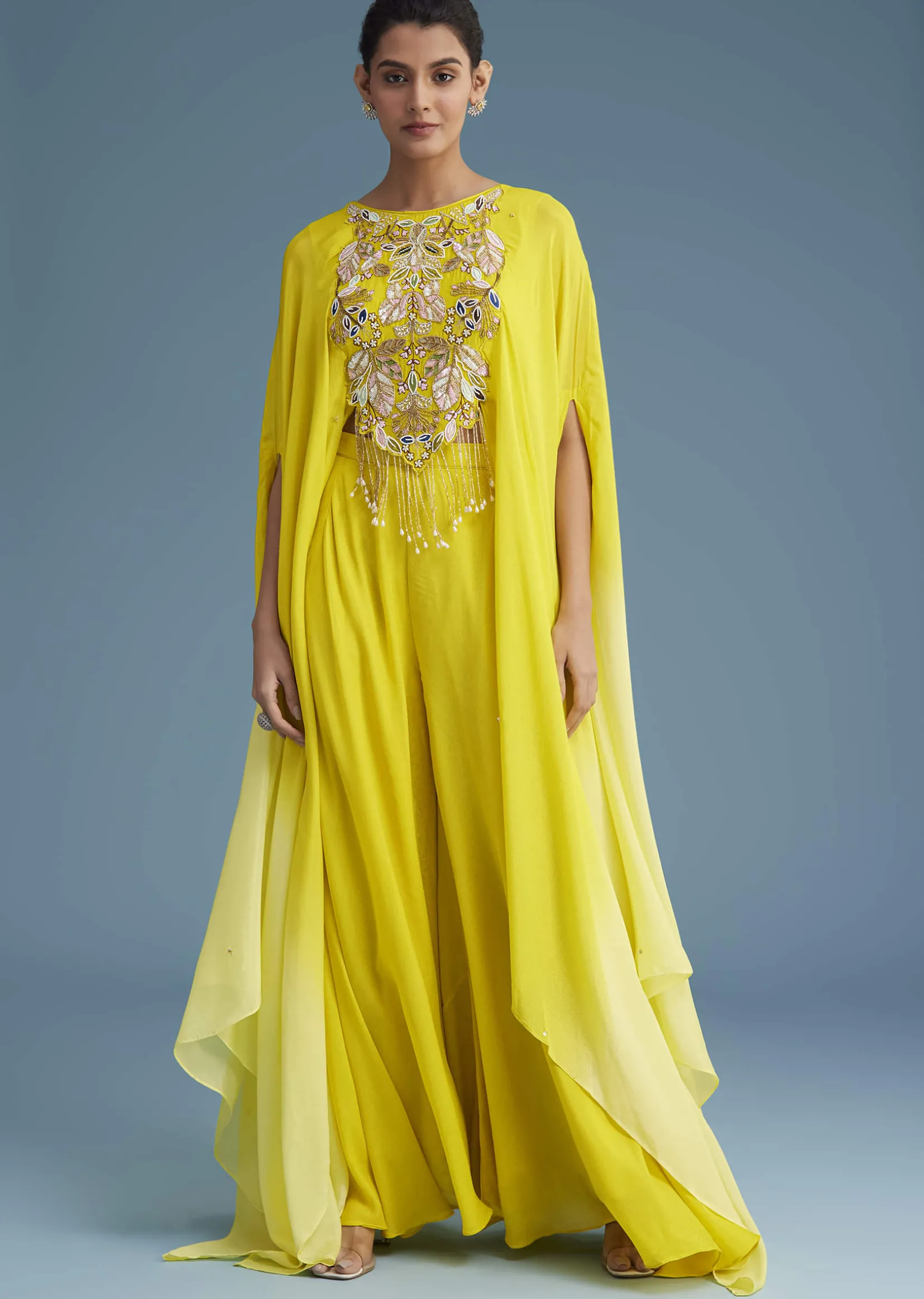 Yellow Georgette Crepe Palazzo Set With Ombre Sleeves