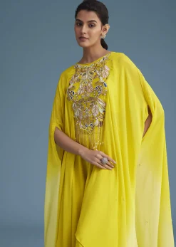 Yellow Georgette Crepe Palazzo Set With Ombre Sleeves