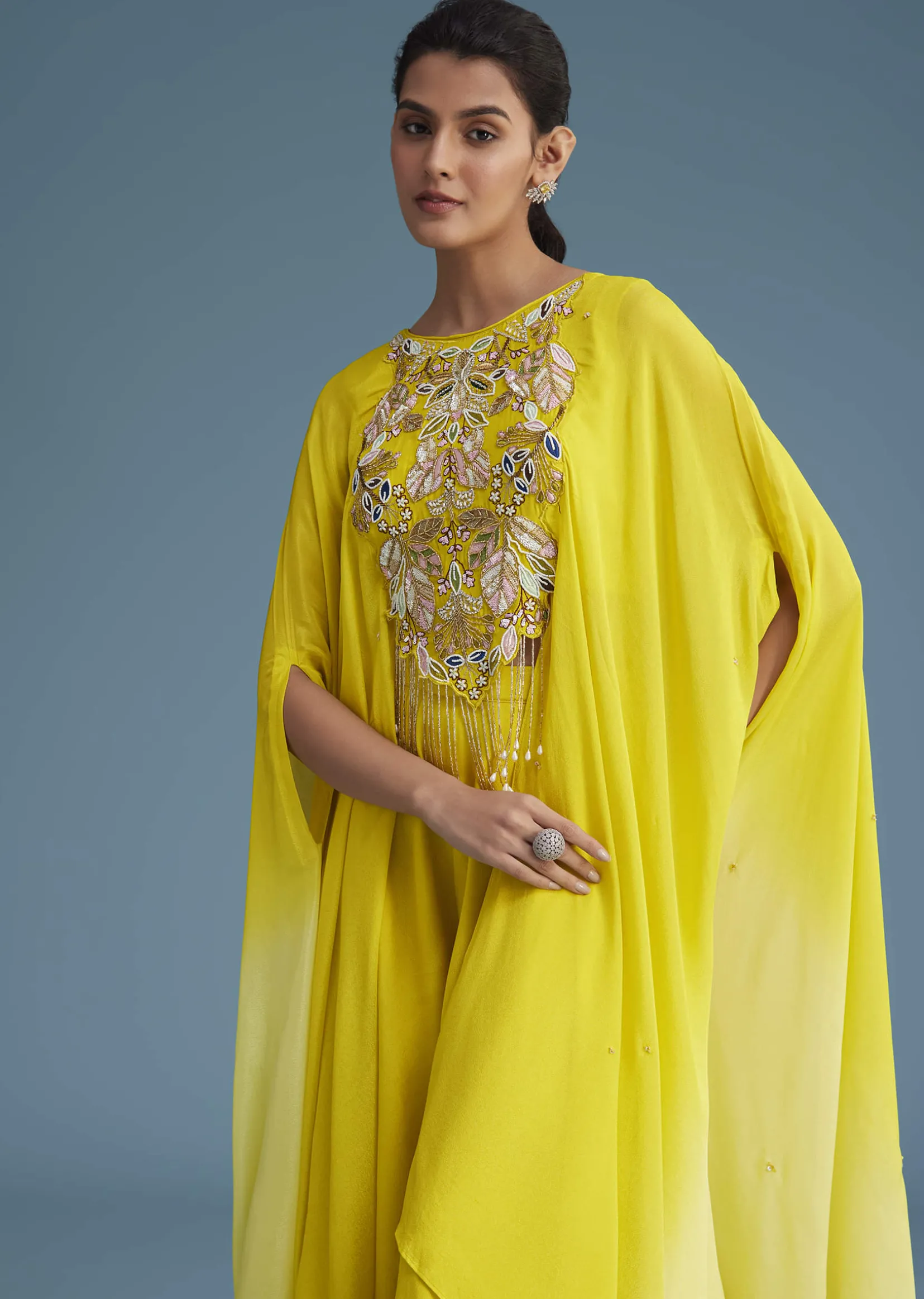 Yellow Georgette Crepe Palazzo Set With Ombre Sleeves