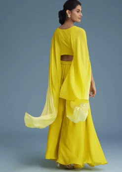 Yellow Georgette Crepe Palazzo Set With Ombre Sleeves