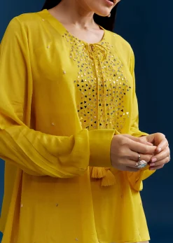 Yellow Georgette Crop Top With Mirror Work