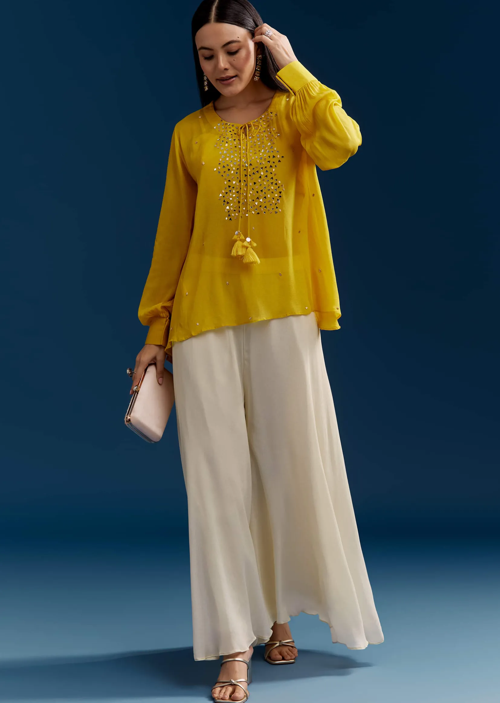 Yellow Georgette Crop Top With Mirror Work