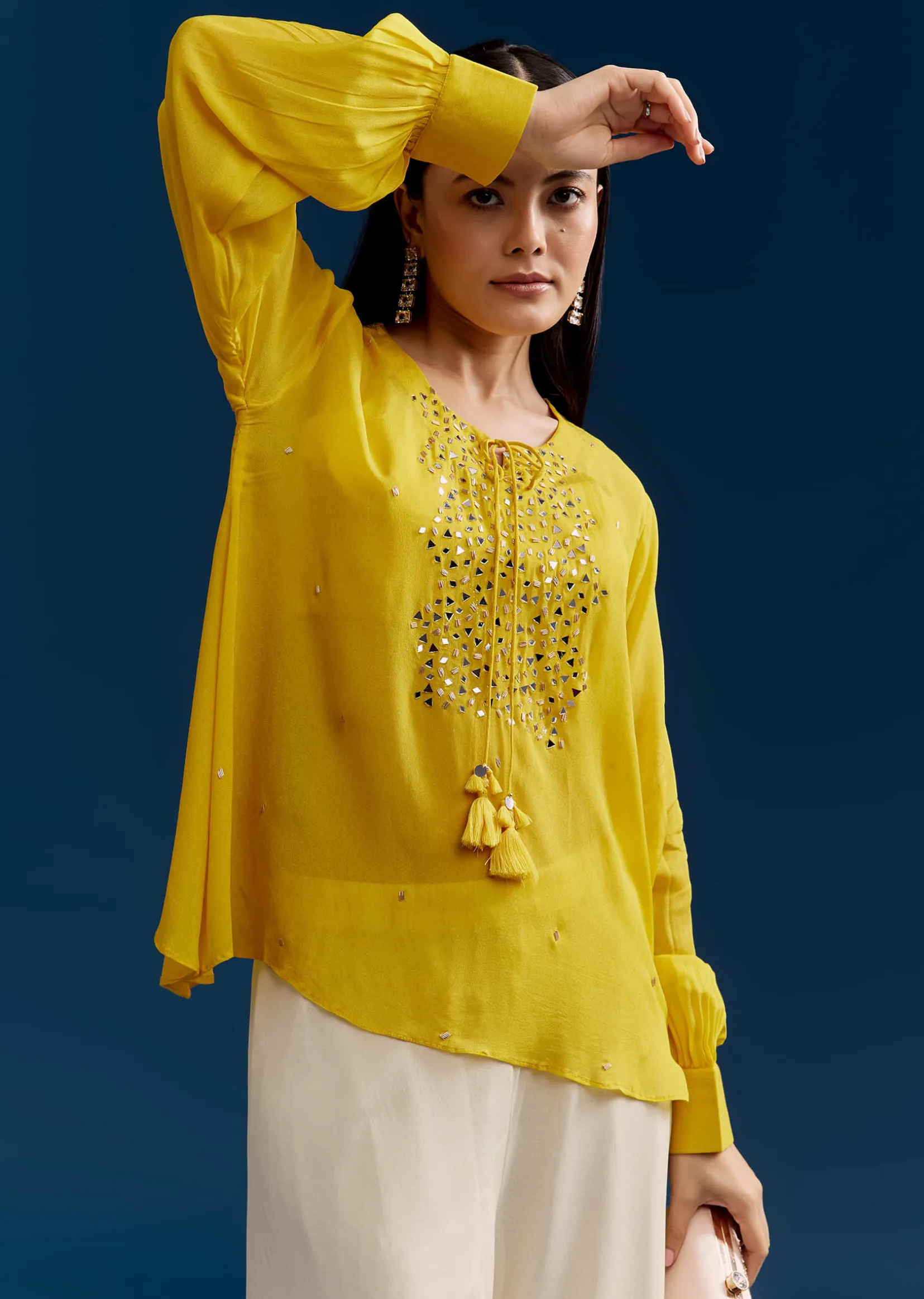Yellow Georgette Crop Top With Mirror Work