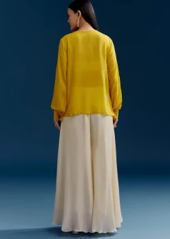 Yellow Georgette Crop Top With Mirror Work
