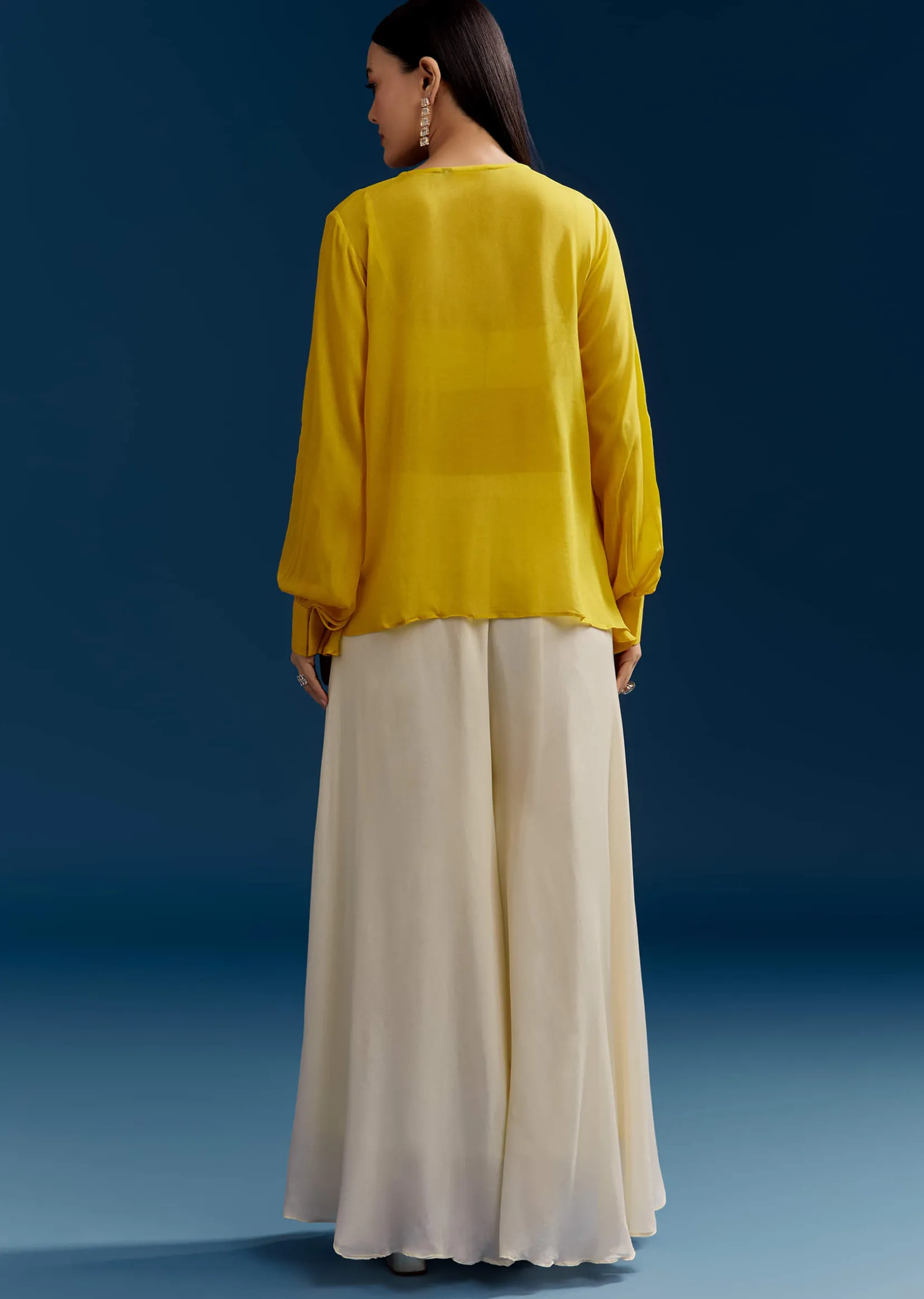 Yellow Georgette Crop Top With Mirror Work