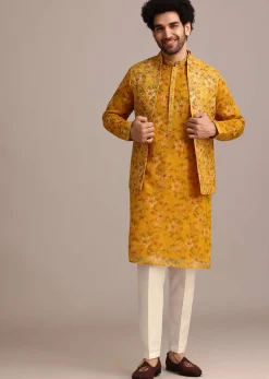 Yellow Georgette Kurta And Jacket Set With Mirror Work