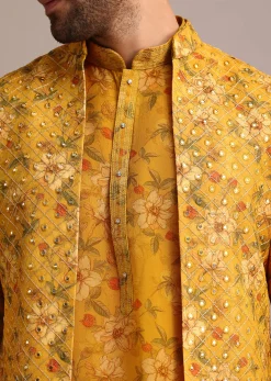 Yellow Georgette Kurta And Jacket Set With Mirror Work