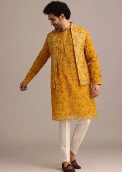 Yellow Georgette Kurta And Jacket Set With Mirror Work
