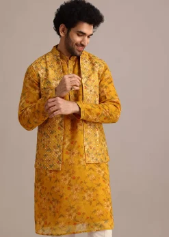 Yellow Georgette Kurta And Jacket Set With Mirror Work