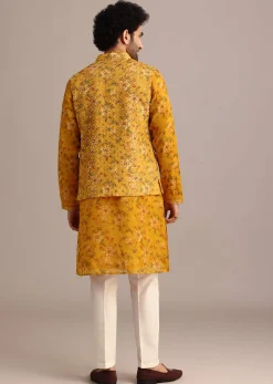 Yellow Georgette Kurta And Jacket Set With Mirror Work