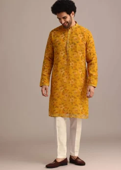 Yellow Georgette Kurta And Jacket Set With Mirror Work