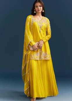 Yellow Georgette Kurta Skirt Set With Sequins Work And Dupatta