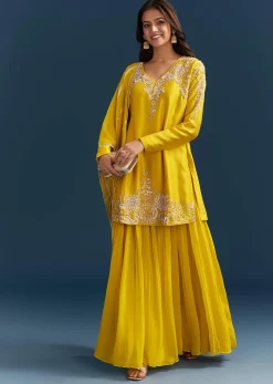 Yellow Georgette Kurta Skirt Set With Sequins Work And Dupatta