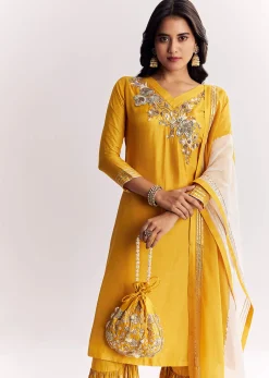 Yellow Gotta Work Kurta Sharara Suit In Russian Silk
