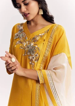 Yellow Gotta Work Kurta Sharara Suit In Russian Silk