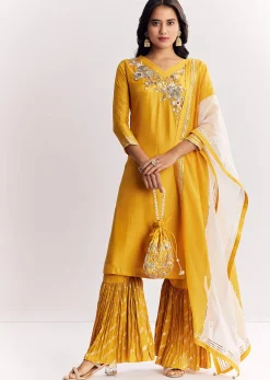 Yellow Gotta Work Kurta Sharara Suit In Russian Silk