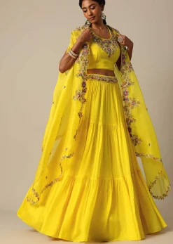 Yellow Hand Embroidered Long Jacket And Lehenga Set
