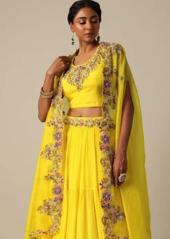 Yellow Hand Embroidered Long Jacket And Lehenga Set
