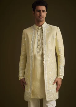Yellow Hand Embroidered Sherwani Set