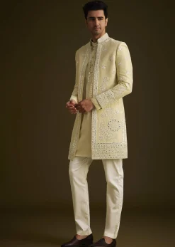 Yellow Hand Embroidered Sherwani Set