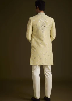 Yellow Hand Embroidered Sherwani Set