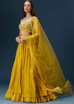 Yellow Indo Western Lehenga With Rushed Skirt And Embroidered Dupatta