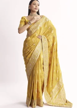 Yellow Jacquard Silk Saree With Woven Brocade Zari Work
