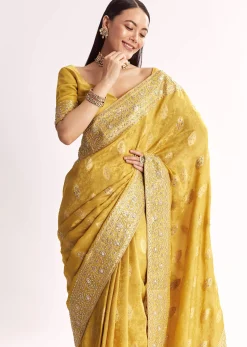 Yellow Jacquard Silk Saree With Woven Brocade Zari Work