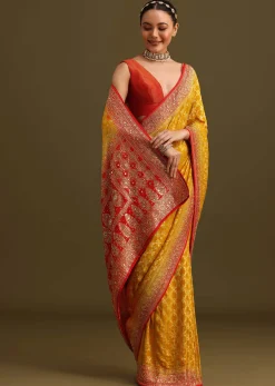 Yellow Khaddi Georgette Bandhani Weave Cutdana Saree