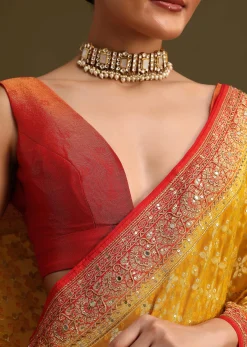 Yellow Khaddi Georgette Bandhani Weave Cutdana Saree