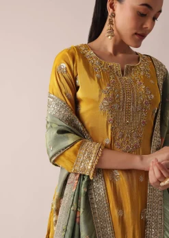 Yellow Kurta Palazzo Set With Brocade Print