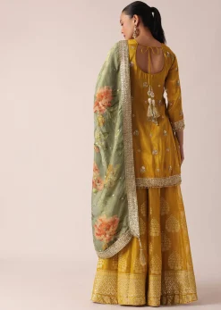 Yellow Kurta Palazzo Set With Brocade Print