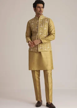 Yellow Kurta Pant Set With Embroidered Nehru Jacket