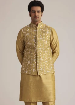 Yellow Kurta Pant Set With Embroidered Nehru Jacket