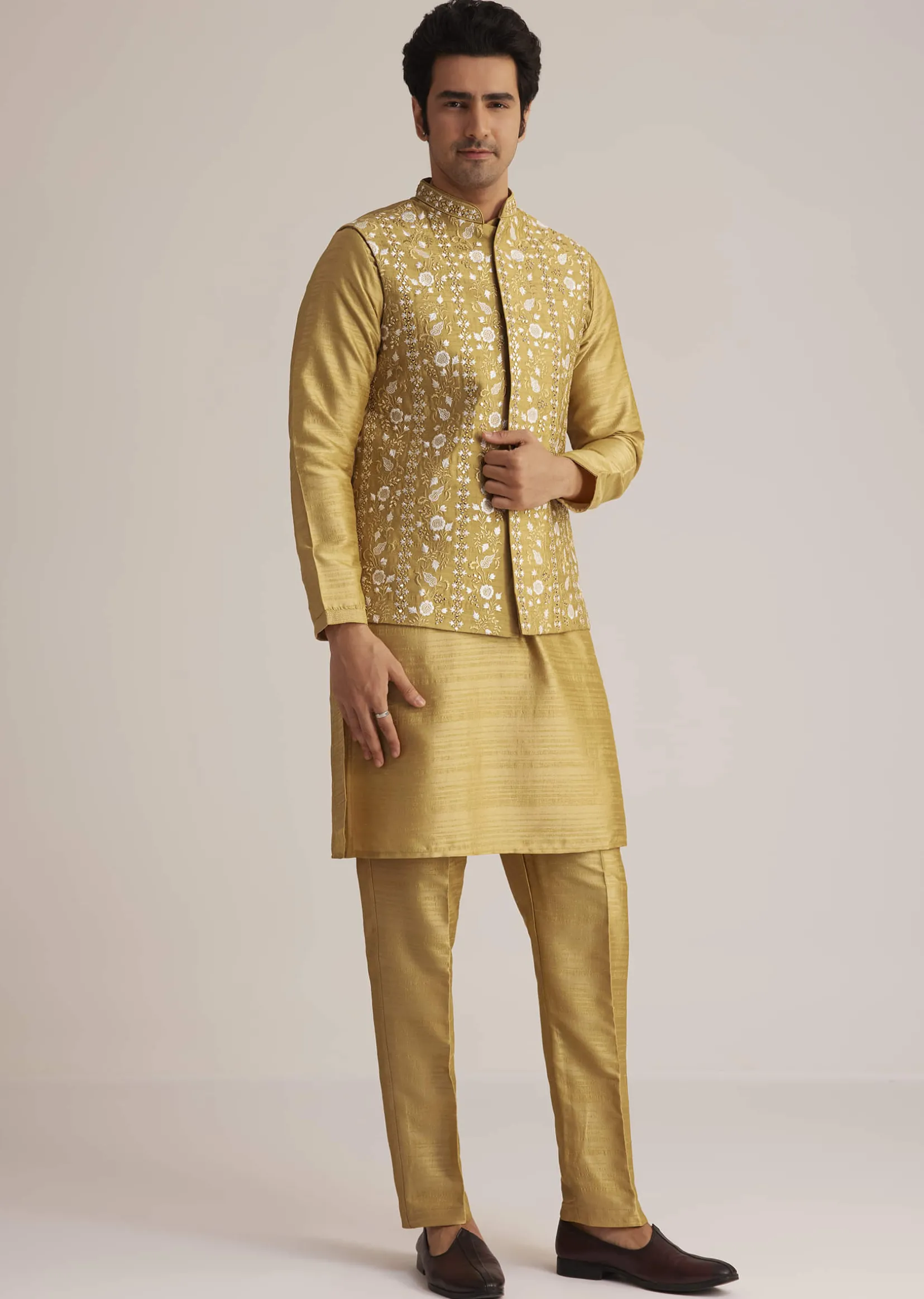 Yellow Kurta Pant Set With Embroidered Nehru Jacket
