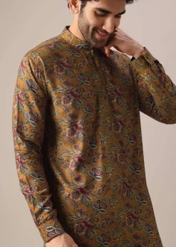 Yellow Kurta Set In Cotton Silk With Multi Color Floral Prints