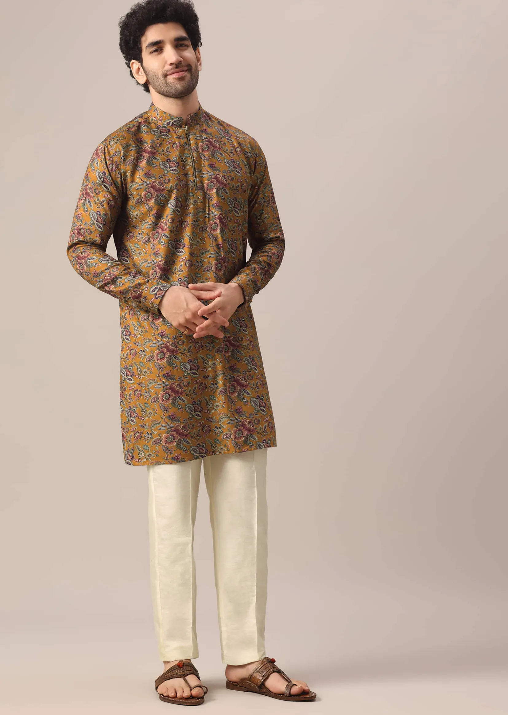 Yellow Kurta Set In Cotton Silk With Multi Color Floral Prints