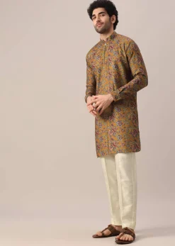 Yellow Kurta Set In Cotton Silk With Multi Color Floral Prints
